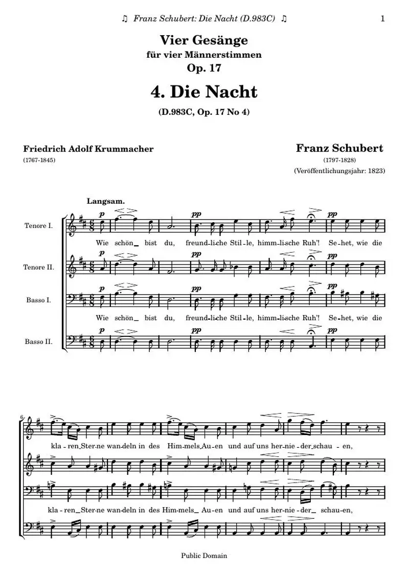 Первая страница нот «Die Nacht»
