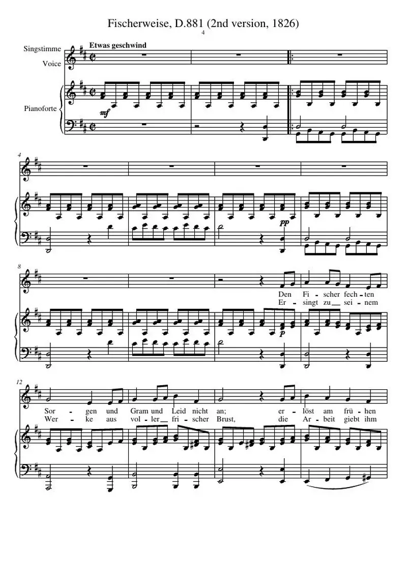 Первая страница нот «Fischerweise, D.881 (2nd version, 1826)»