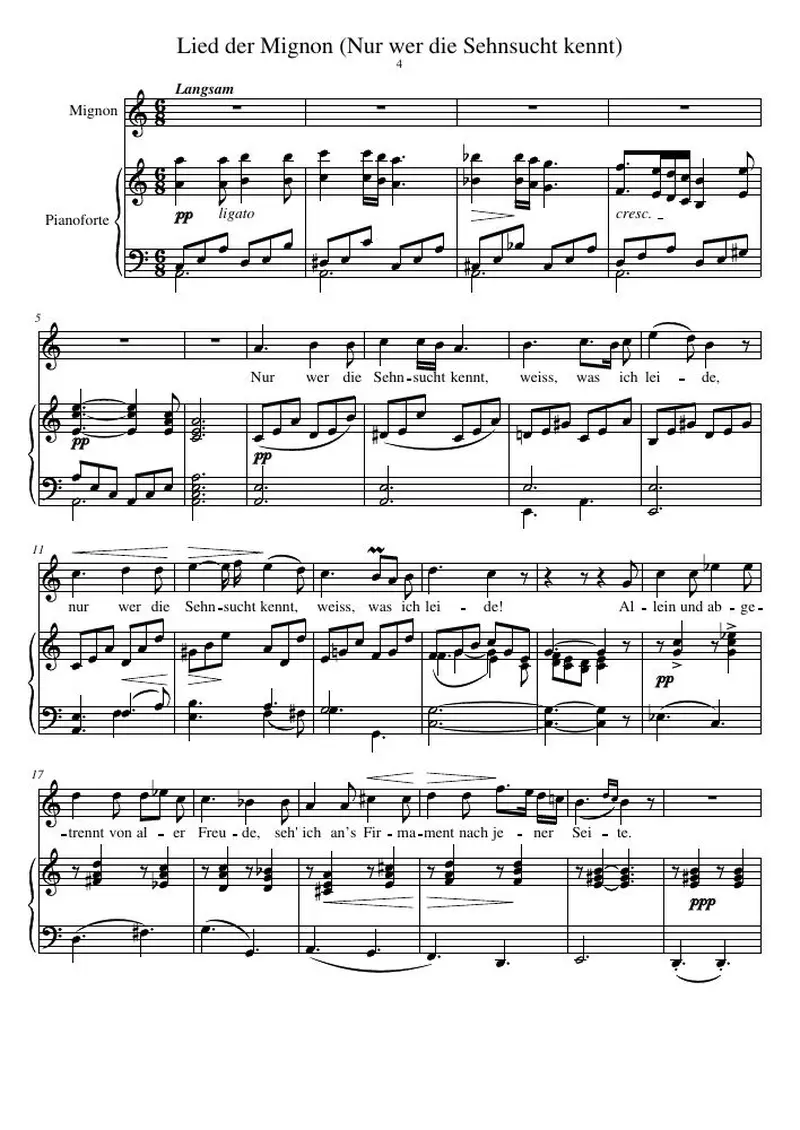 Первая страница нот «Песня der Mignon (Nur wer die Sehnsucht kennt)»