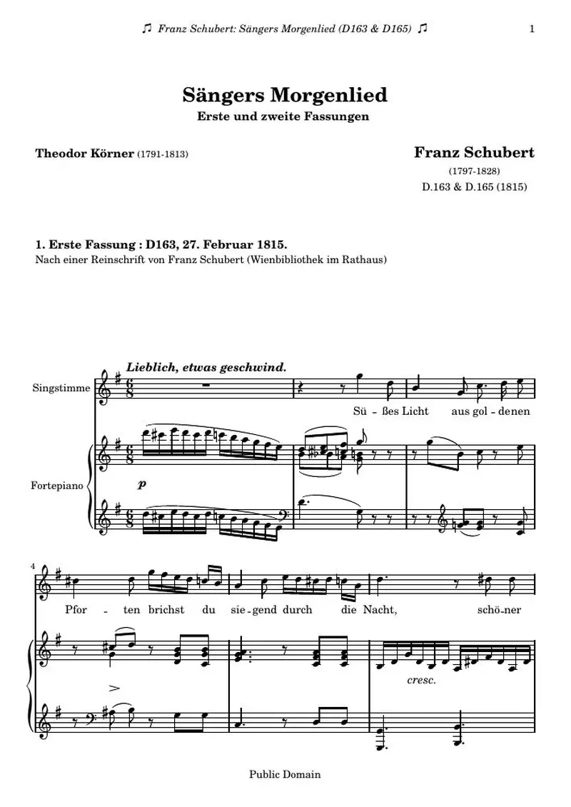 Первая страница нот «Sängers Morgenlied»