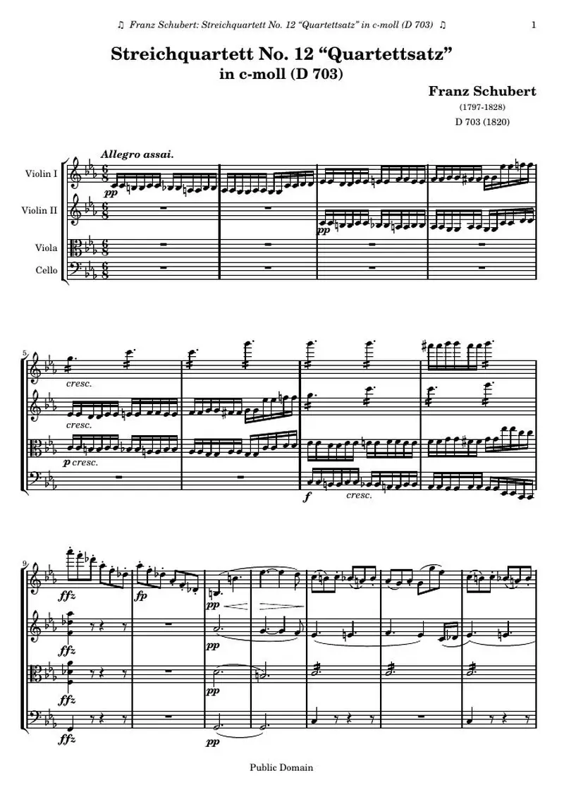 Первая страница нот «StreichКвартетt № 12 “Квартетtsatz” c минор»