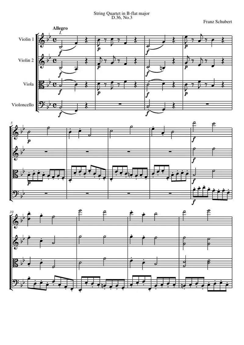 Первая страница нот «Струнный квартет B-flat major, D.36, №3»