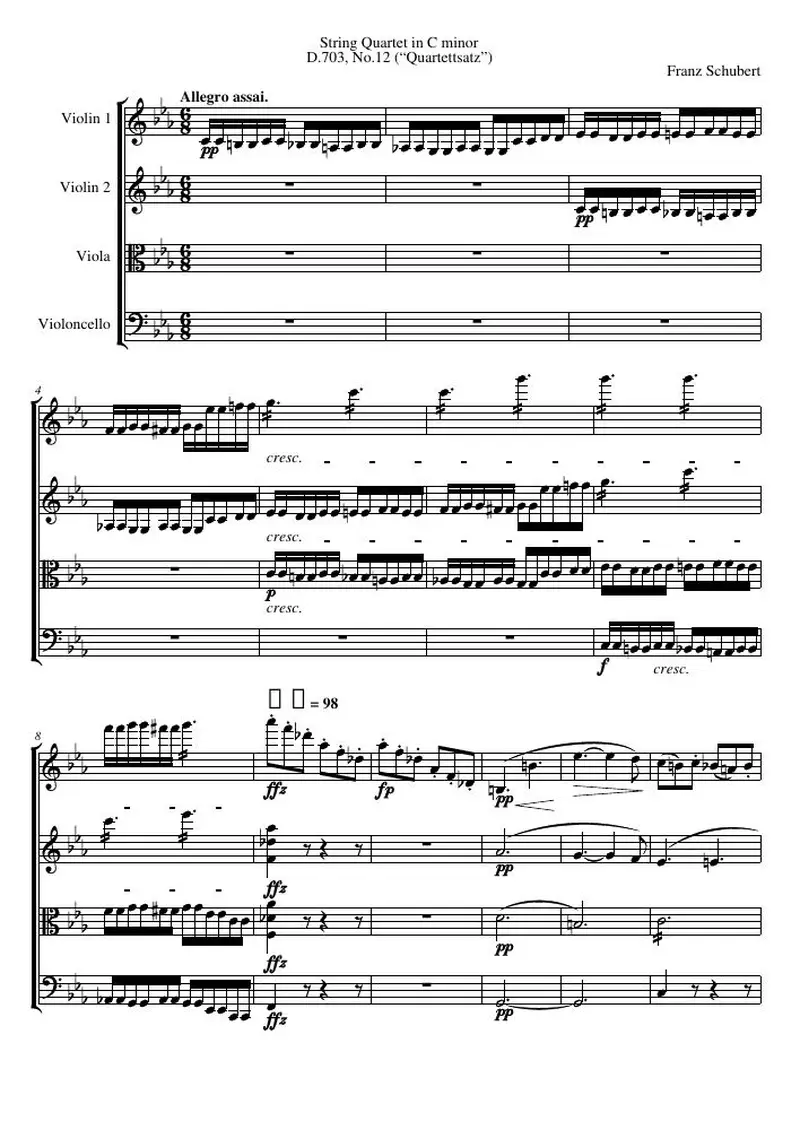 Первая страница нот «Струнный квартет C минор, D.703, №12 (“Квартетtsatz”)»