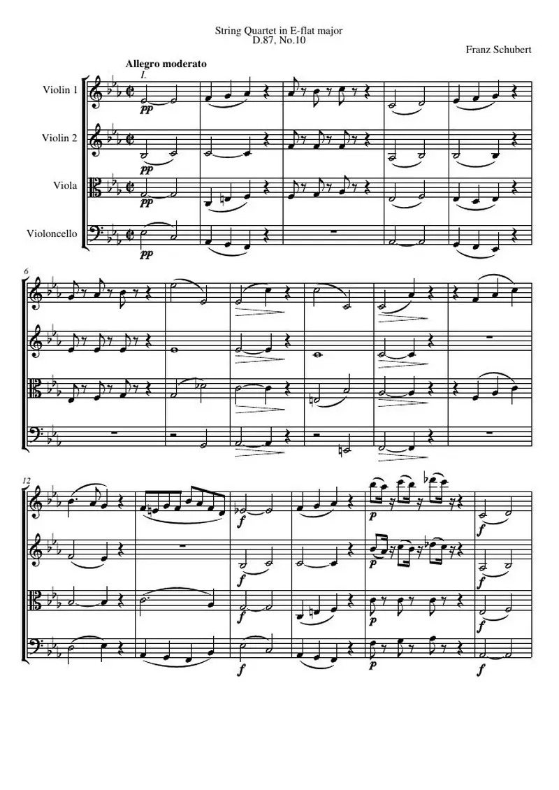 Первая страница нот «Струнный квартет E-flat major, D.87, №10»