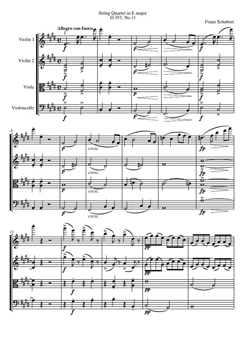 Первая страница нот «Струнный квартет E major, D.353, №11»