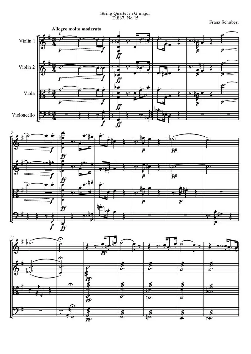 Первая страница нот «Струнный квартет G major, D.887, №15»