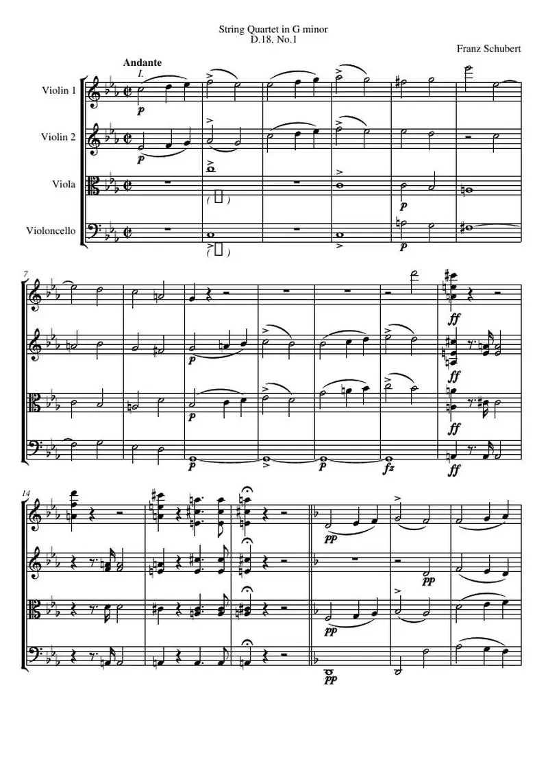 Первая страница нот «Струнный квартет G минор, D.18, №1»