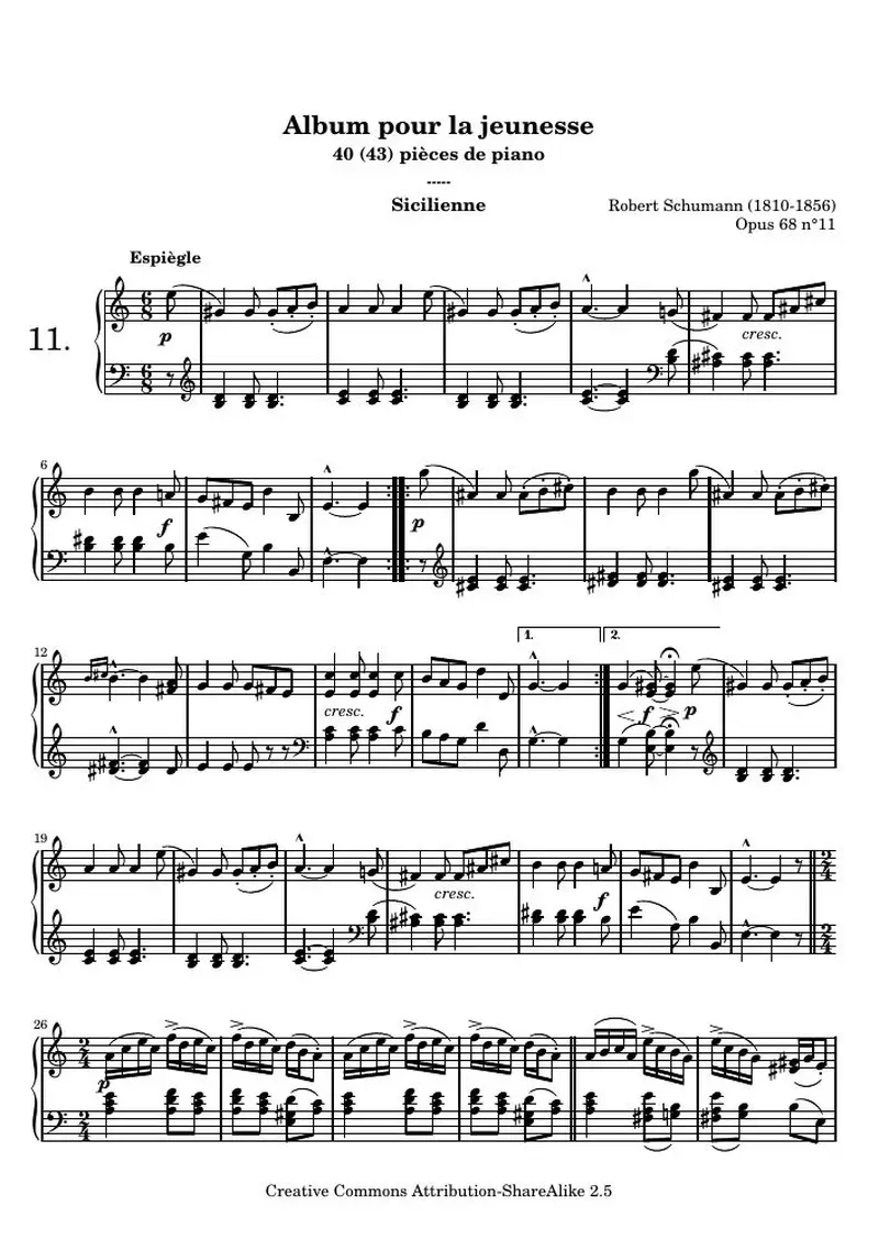 Первая страница нот «Альбом для юношества - 11.Sicilienne»