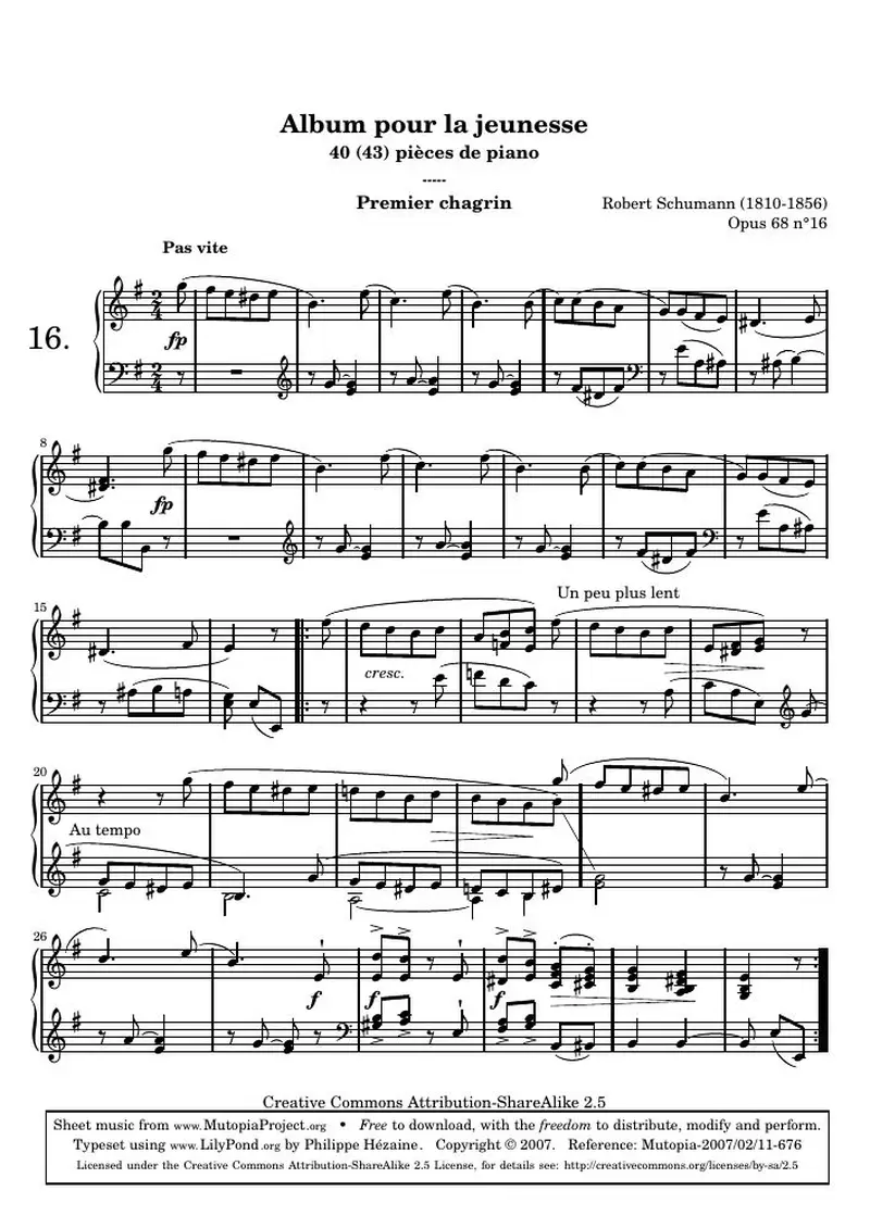 Первая страница нот «Альбом для юношества - 16.Premier chagrin»