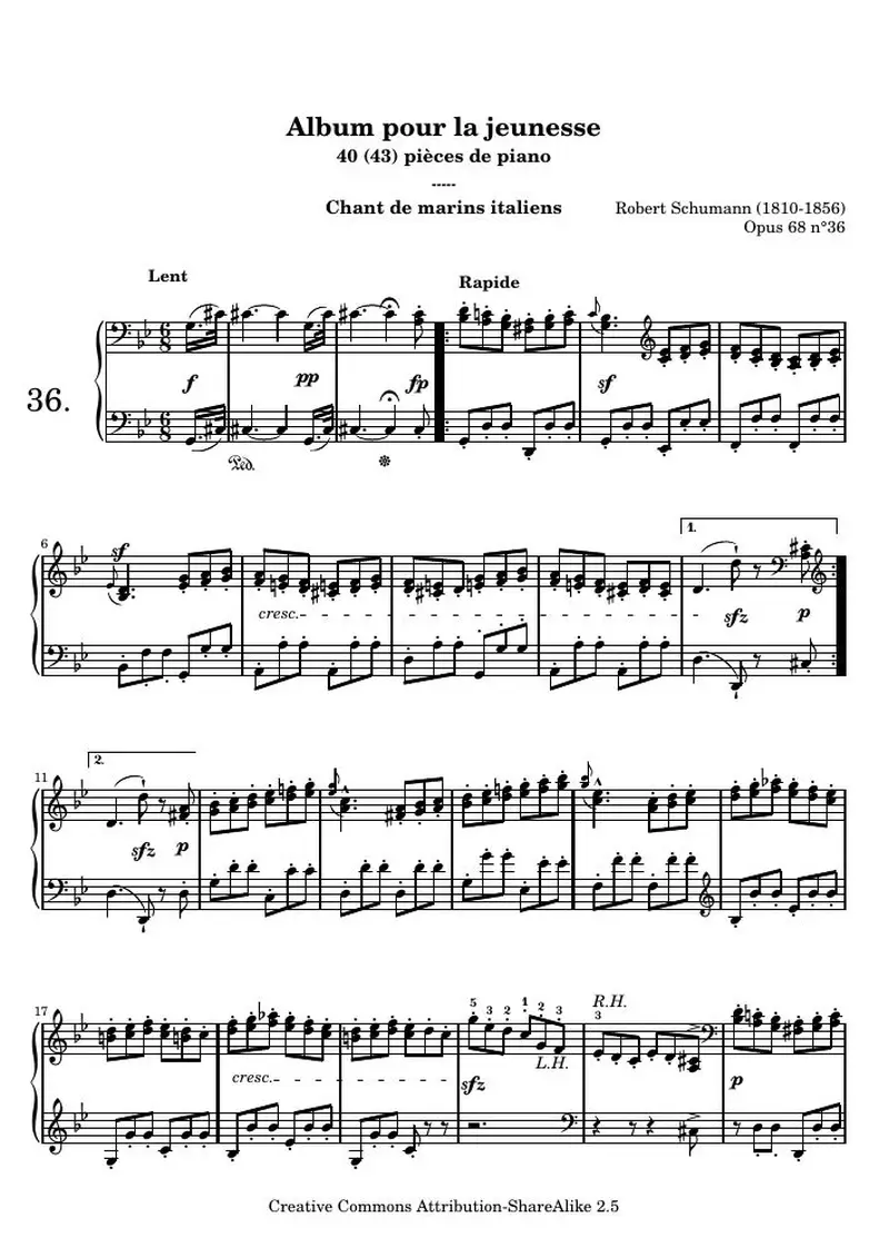 Первая страница нот «Альбом для юношества - 36.Chant de marins italiens»