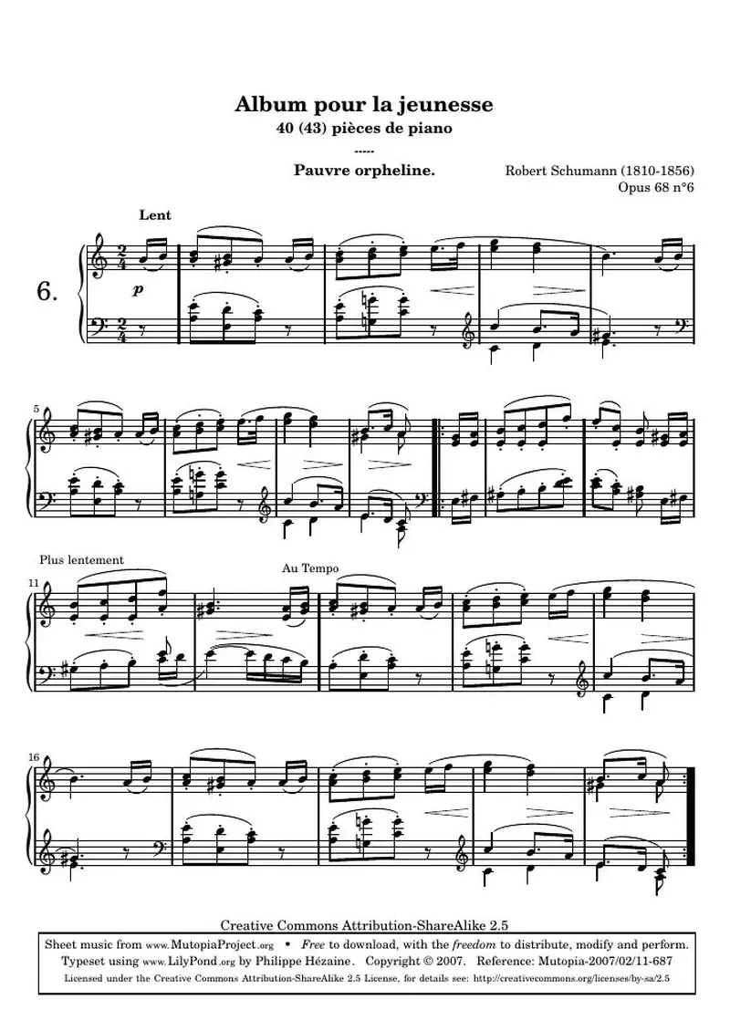 Первая страница нот «Альбом для юношества - 6.Pauvre orpheline»