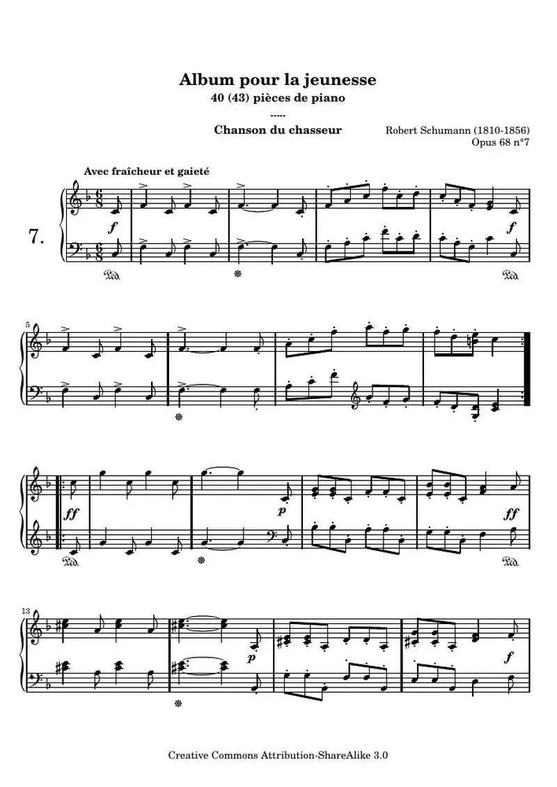 Первая страница нот «Альбом для юношества - 7.Chanson du chasseur»