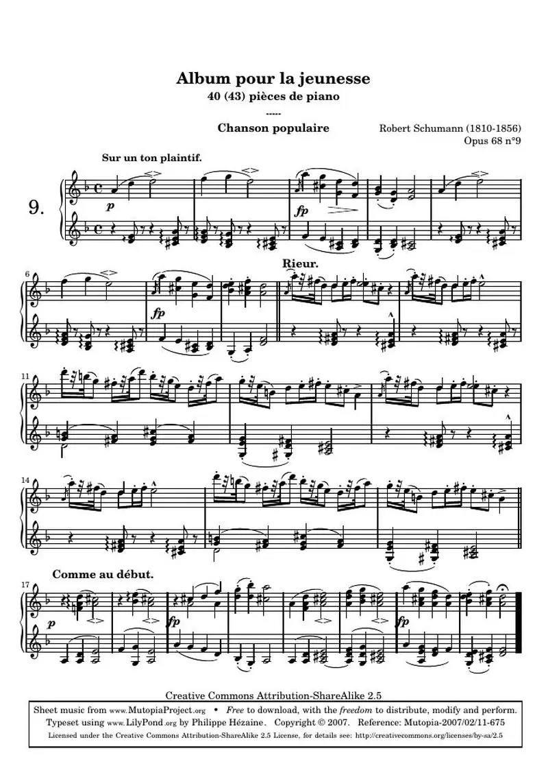 Первая страница нот «Альбом для юношества - 9.Chanson populaire»