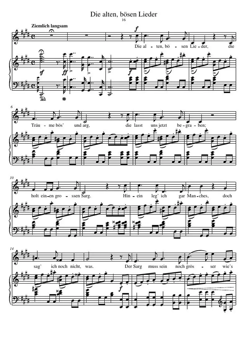 Первая страница нот «Die alten, bösen Lieder»