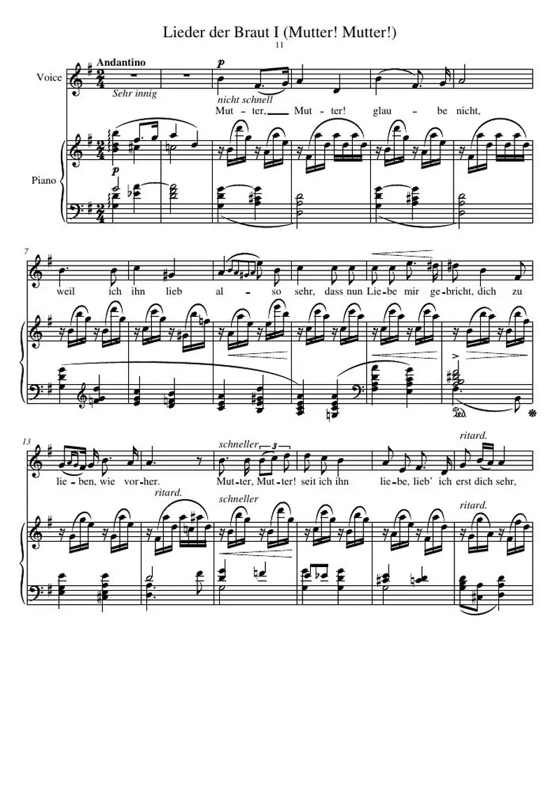 Первая страница нот «Lieder der Braut I (Mutter! Mutter!)»