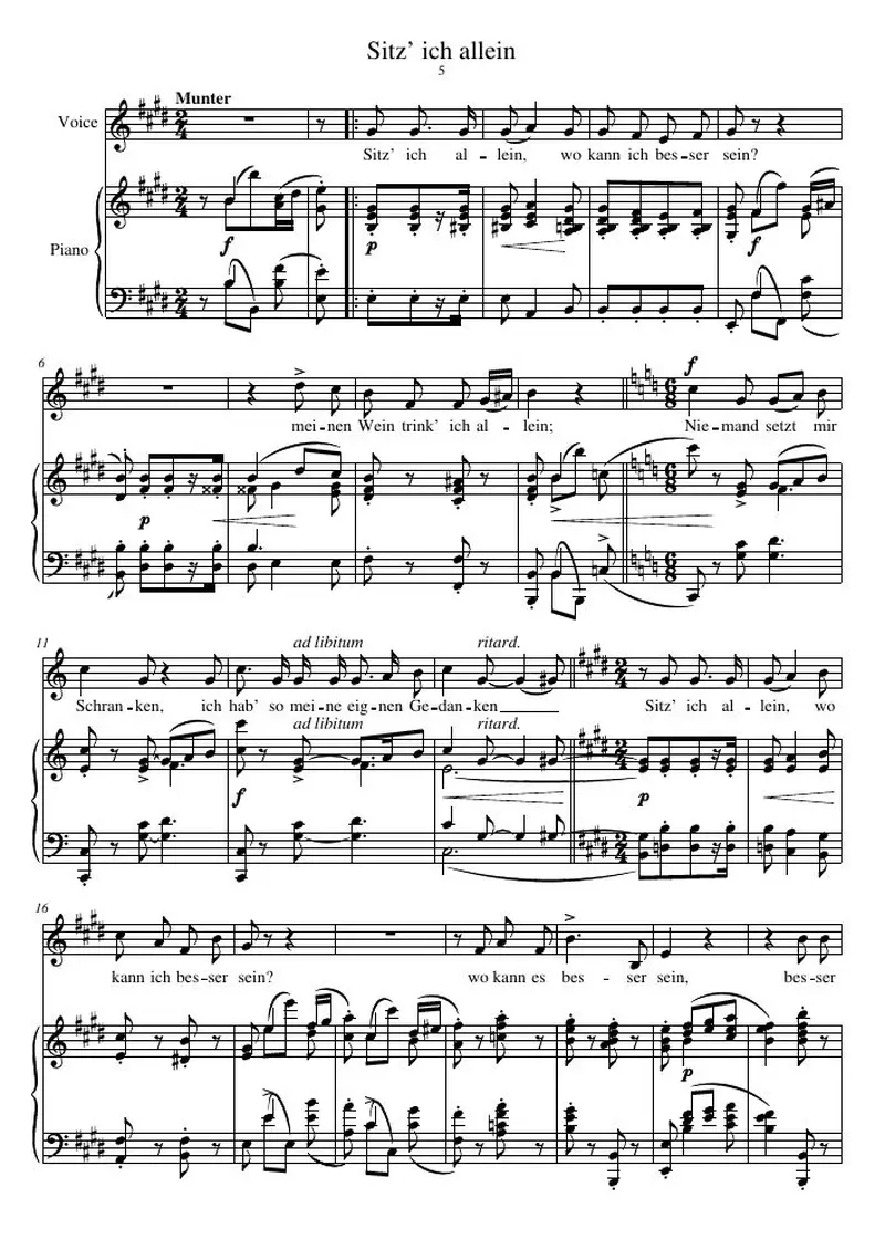 Первая страница нот «Sitz’ ich allein»