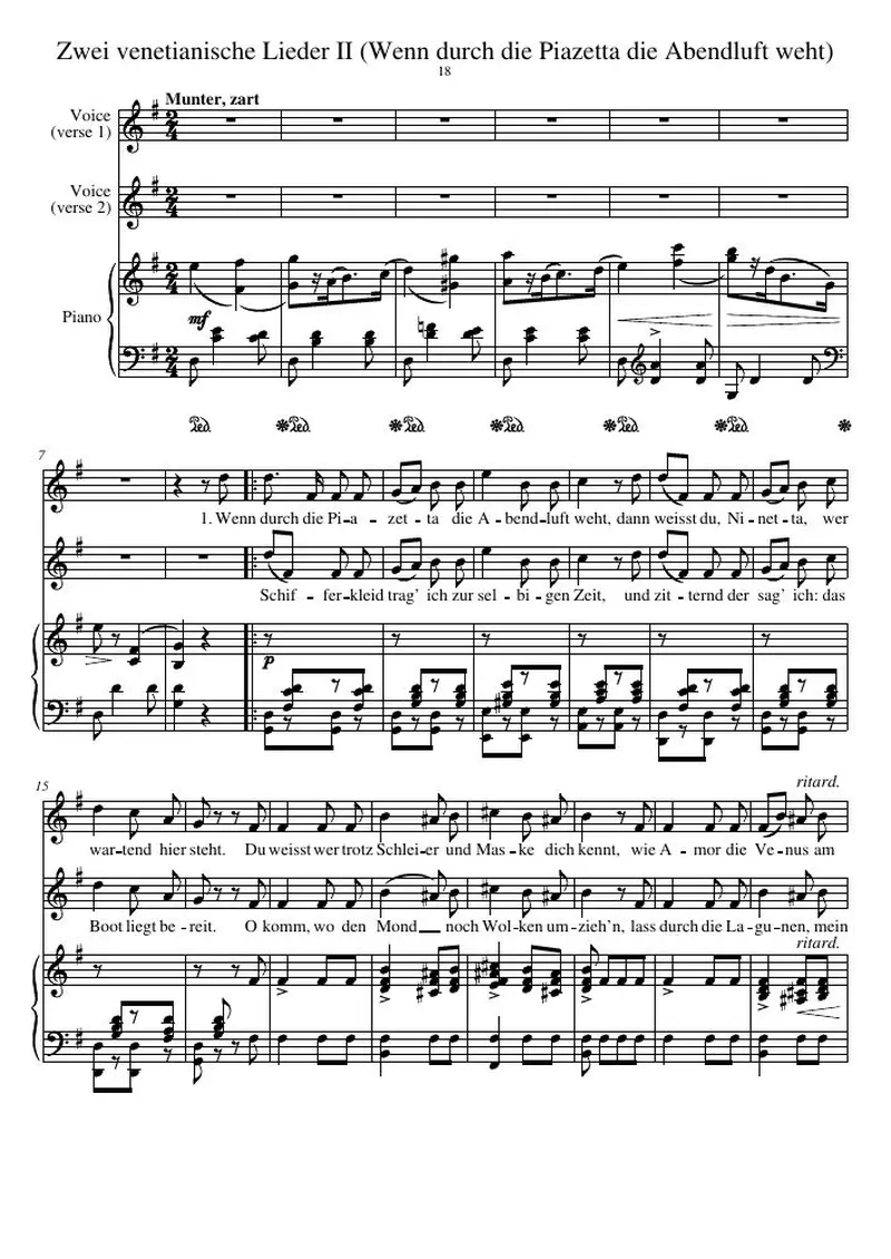 Первая страница нот «Zwei venetianische Lieder II (Wenn durch die Piazetta die Abendluft weht)»
