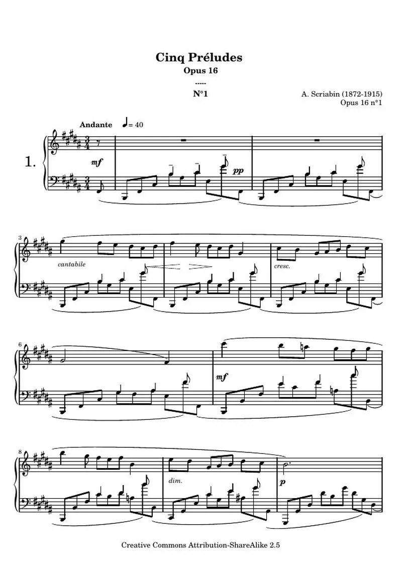 Первая страница нот «Прелюдияs opus 16 - 1. (O 16 n°1)»