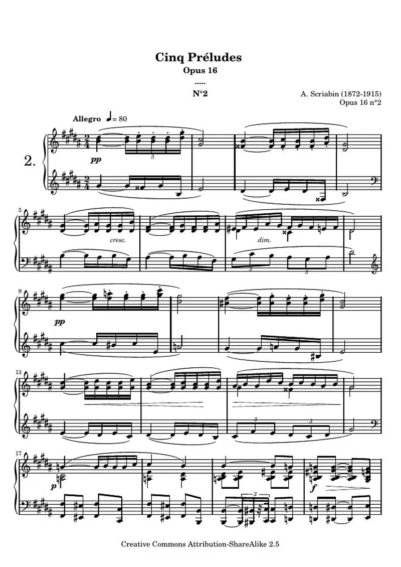 Первая страница нот «Прелюдияs opus 16 - 2. (O 16 n°2)»