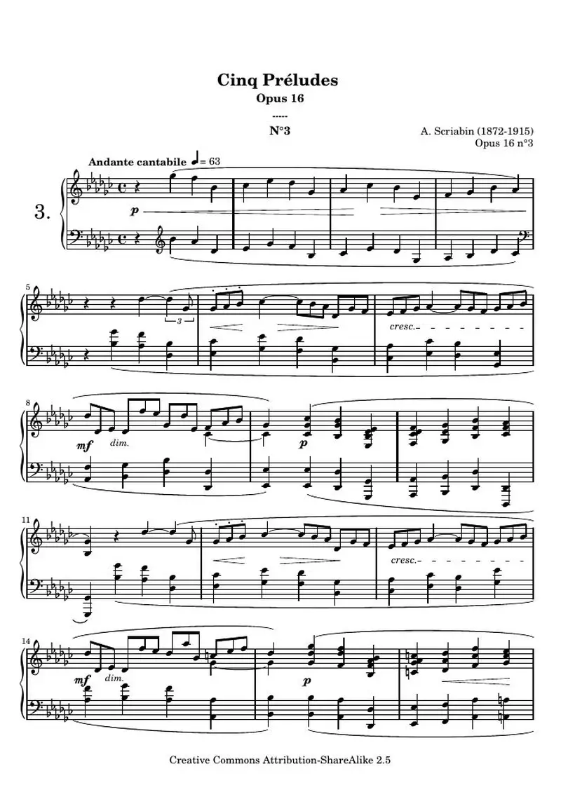 Первая страница нот «Прелюдияs opus 16 - 3. (O 16 n°3)»