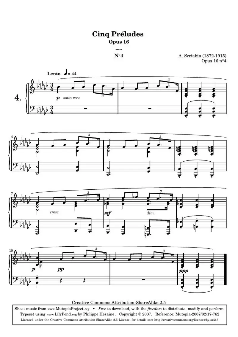 Первая страница нот «Прелюдияs opus 16 - 4. (O 16 n°4)»