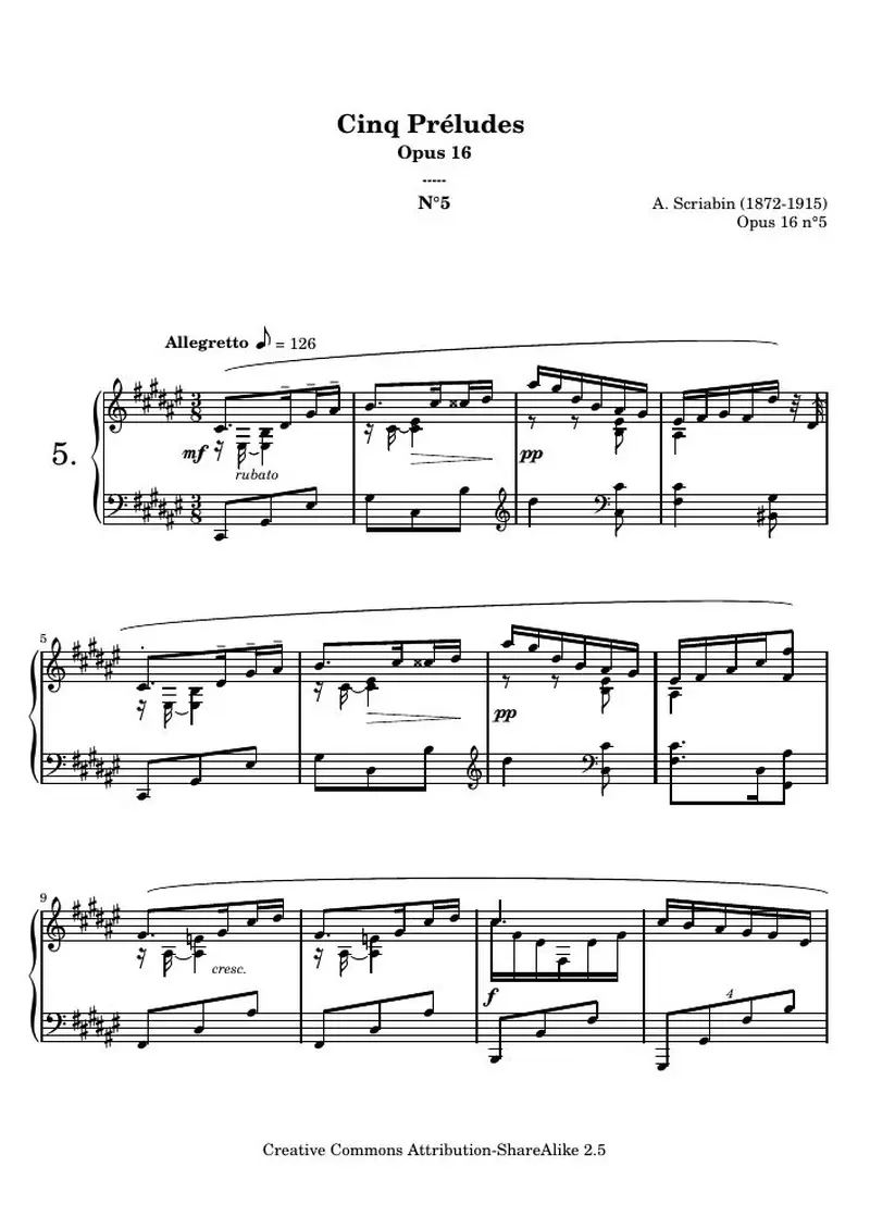 Первая страница нот «Прелюдияs opus 16 - 5. (O 16 n°5)»