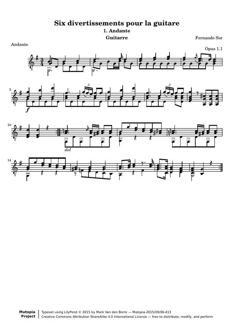 Первая страница нот «Divertissements pour la guitare, n°1 Andante»