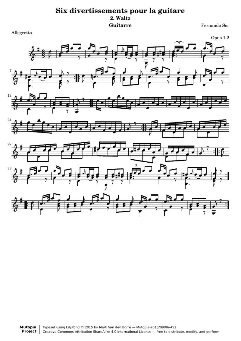 Первая страница нот «Divertissements pour la guitare, n°2 Вальс»