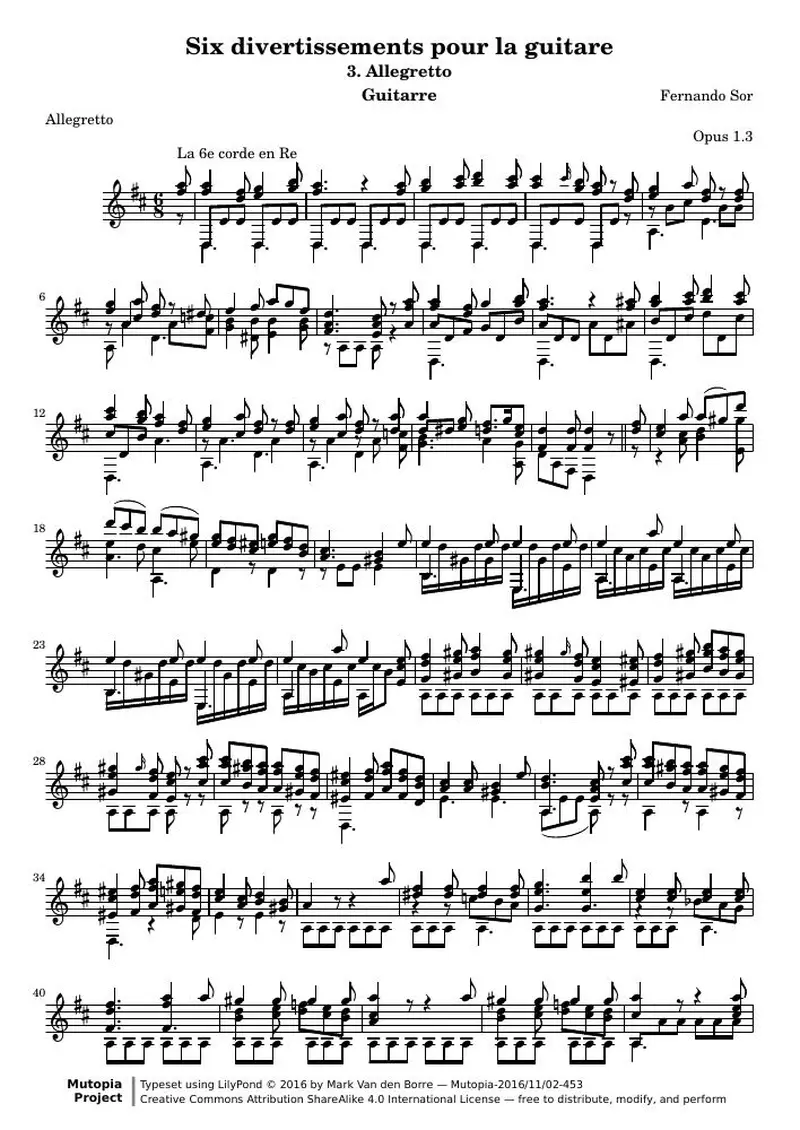 Первая страница нот «Divertissements pour la guitare, n°3 Allegretto»