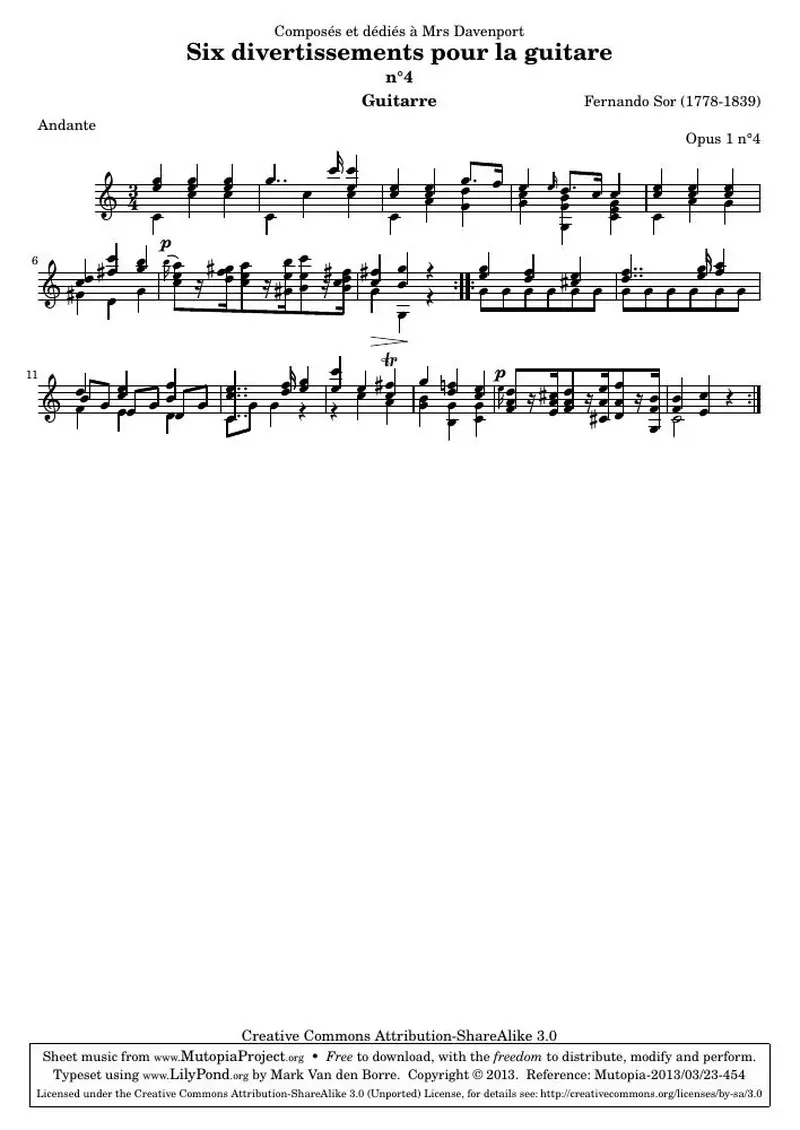 Первая страница нот «Divertissements pour la guitare, n°4»