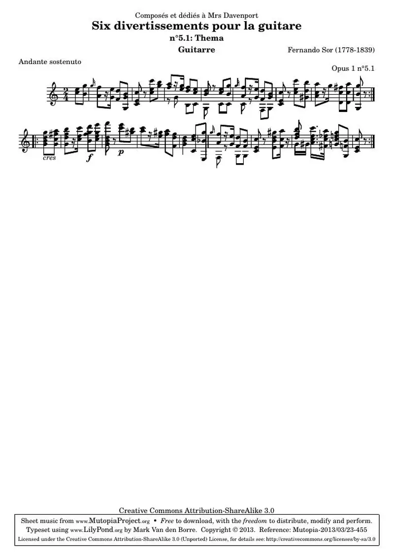 Первая страница нот «Divertissements pour la guitare, n°5.1»