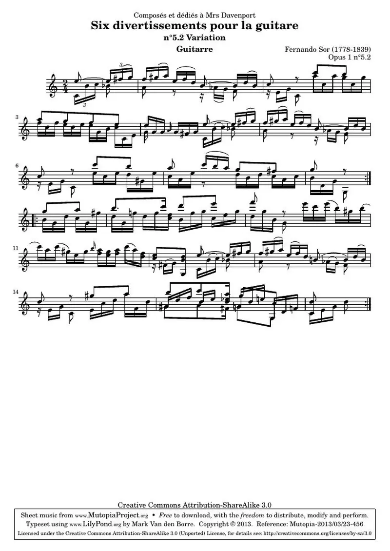 Первая страница нот «Divertissements pour la guitare, n°5.2»
