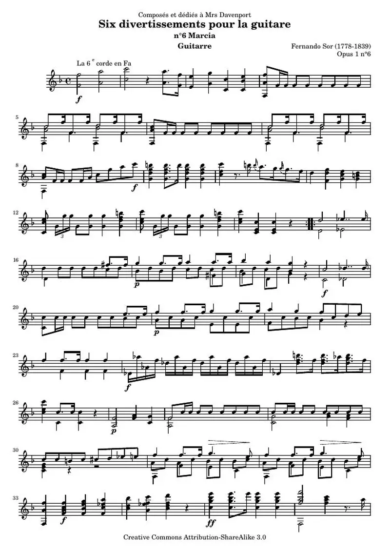Первая страница нот «Divertissements pour la guitare, n°6»