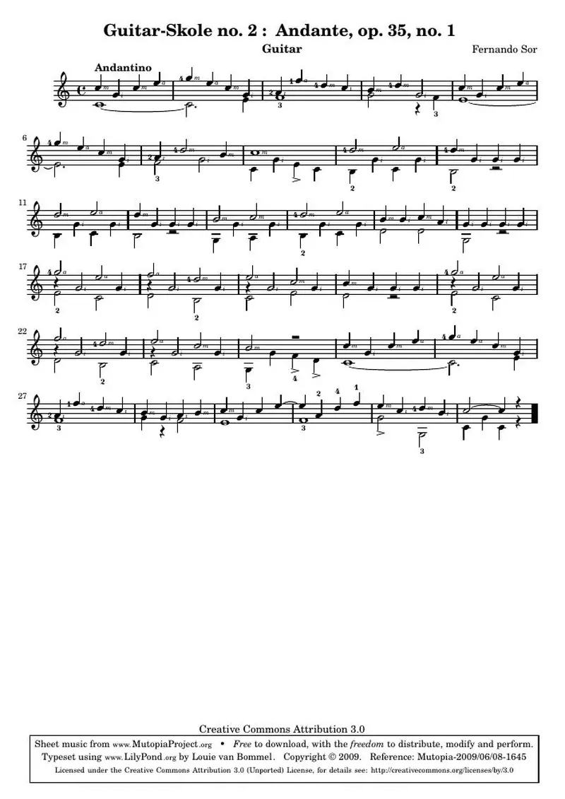 Первая страница нот «Guitar-Skole no. 2 : Andante, op. 35, no. 1»