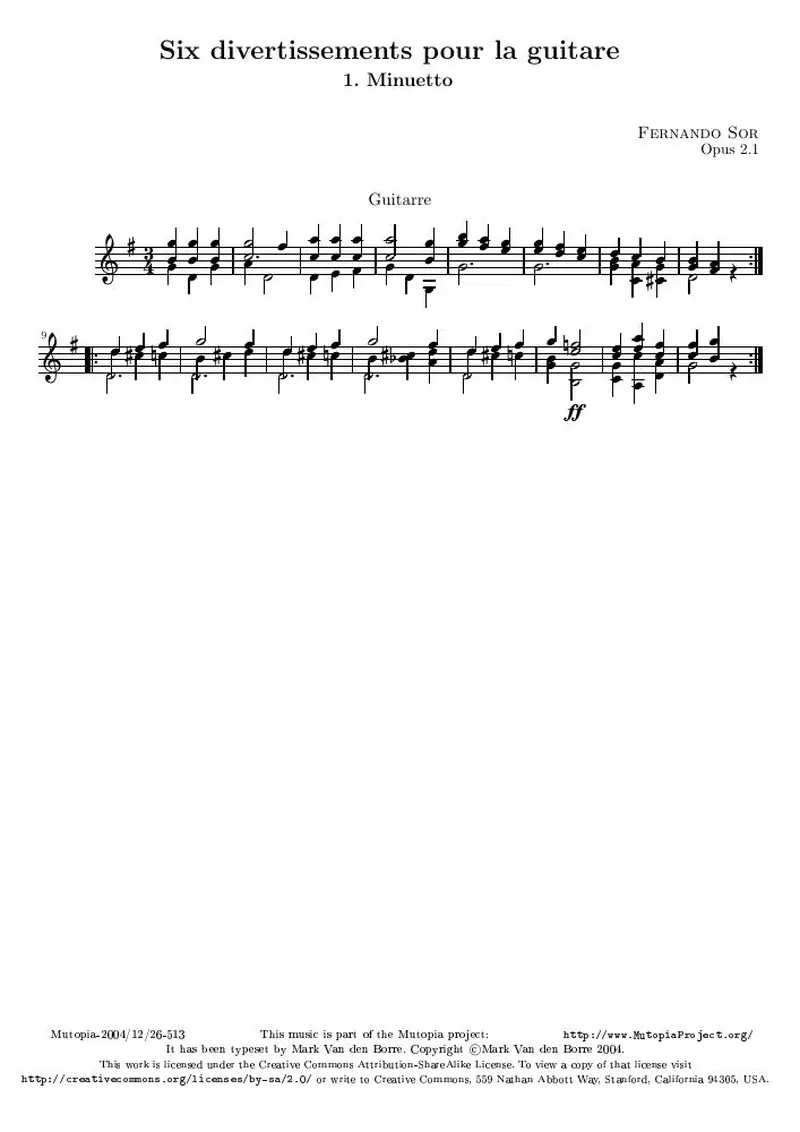 Первая страница нот «Six divertissements pour la guitare, n°1 Менуэтto»