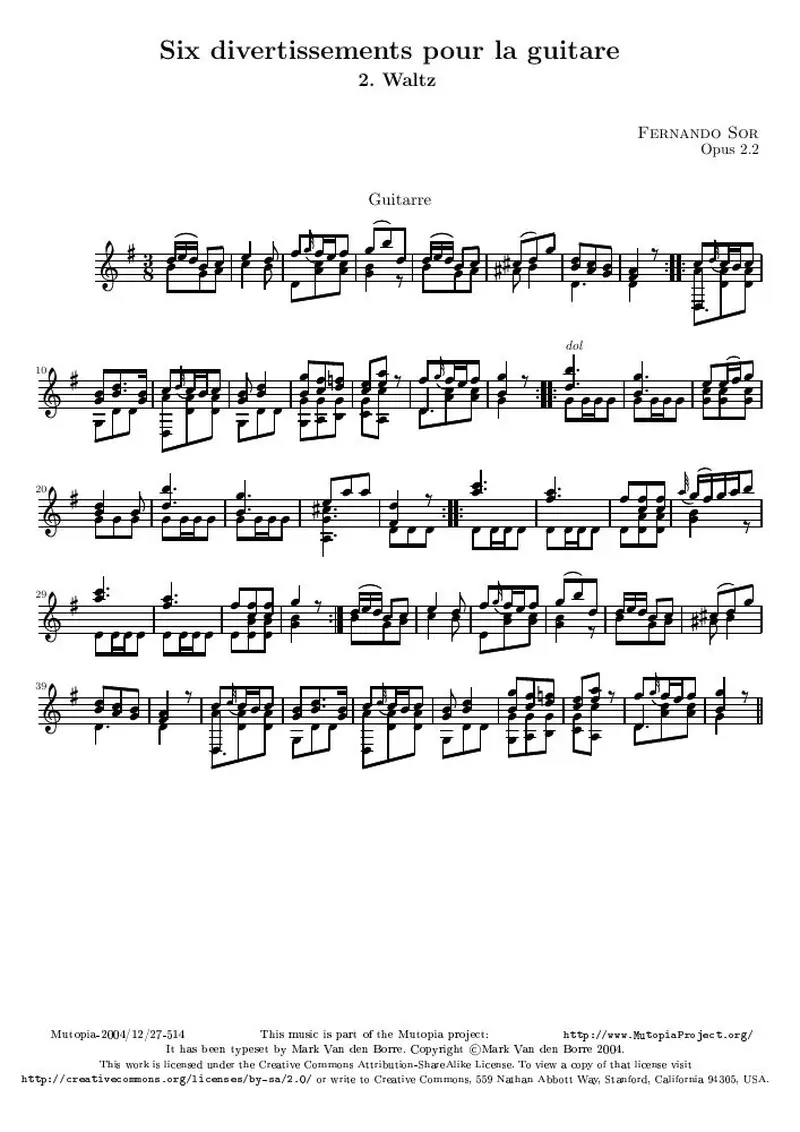 Первая страница нот «Six divertissements pour la guitare, n°2 Вальс»