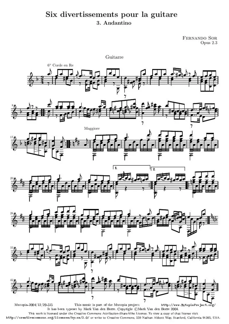 Первая страница нот «Six divertissements pour la guitare, n°3 Andantino»