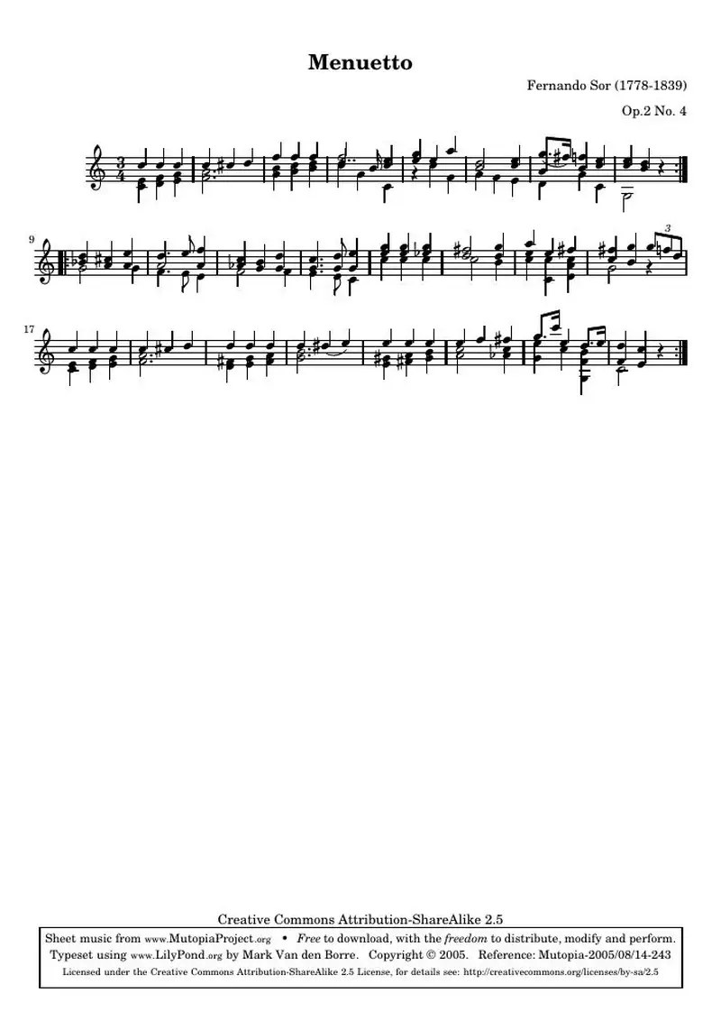 Первая страница нот «Six divertissements pour la guitare, n°4 Менуэтto»