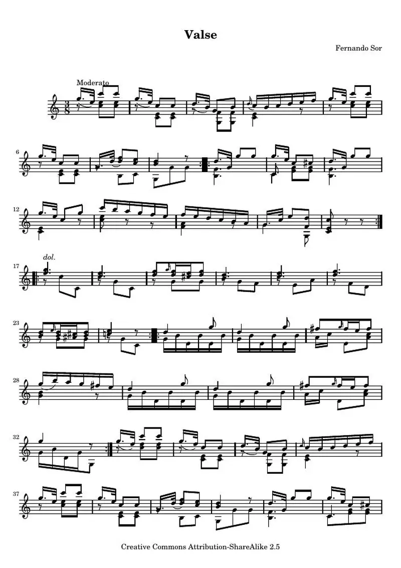 Первая страница нот «Six divertissements pour la guitare, n°5 Вальс»