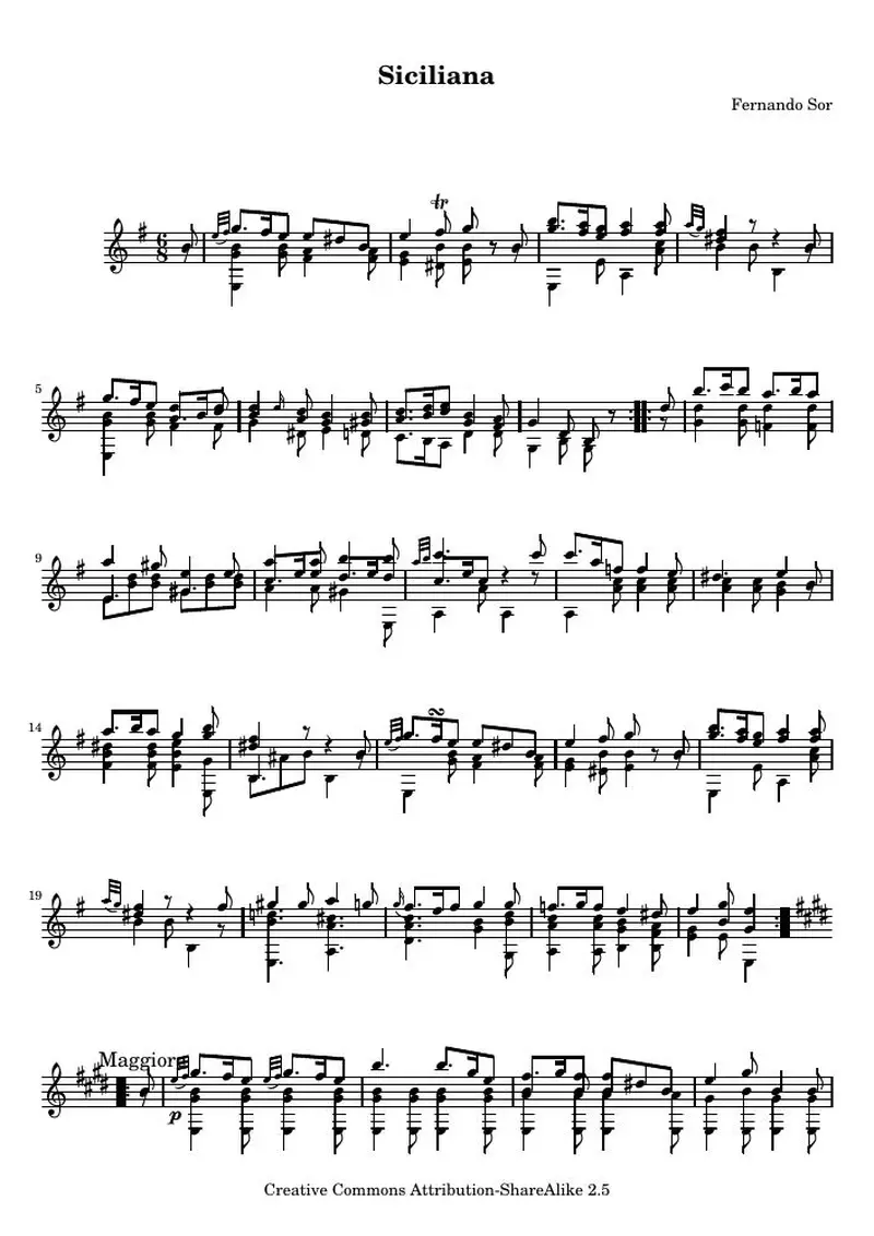 Первая страница нот «Six divertissements pour la guitare, n°6 Siciliana»