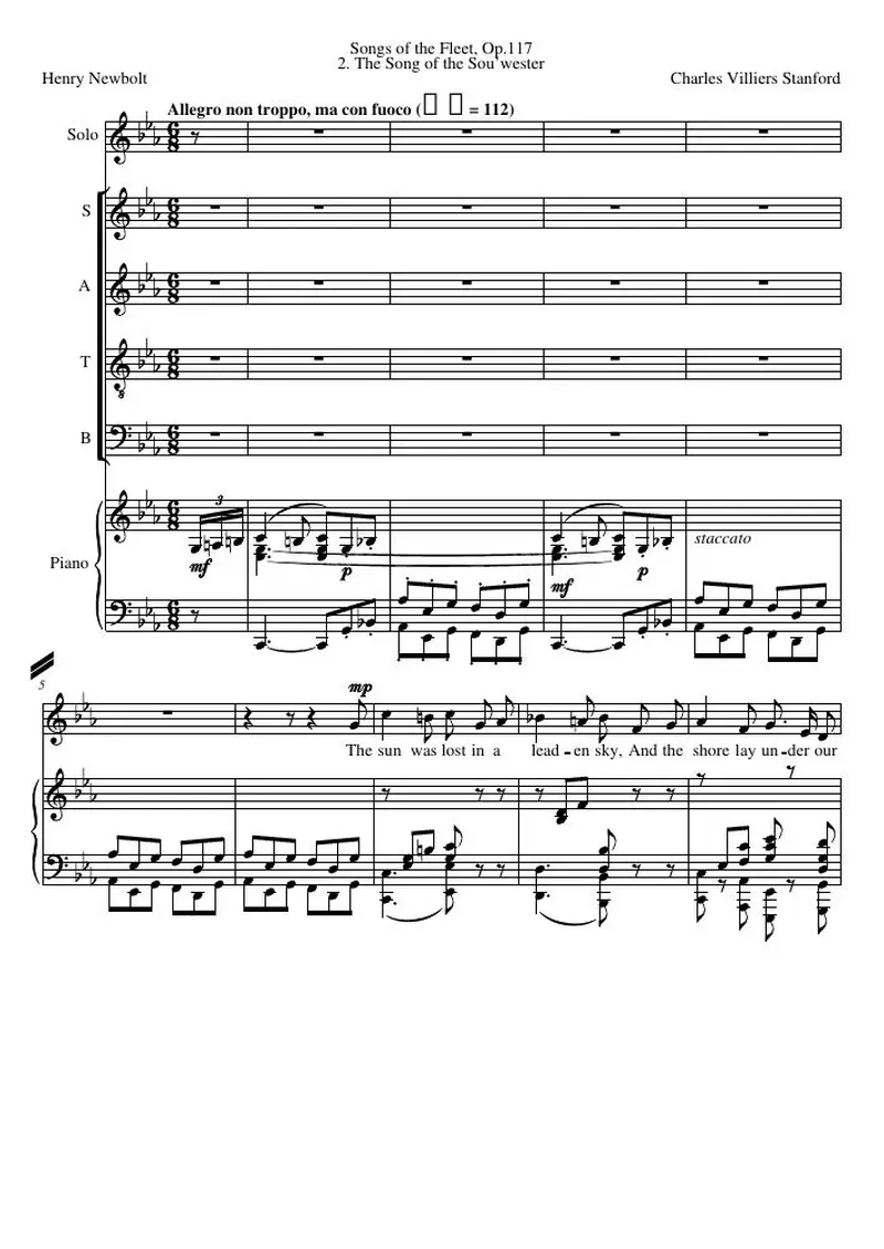 Первая страница нот «The Песня of the Sou’wester»