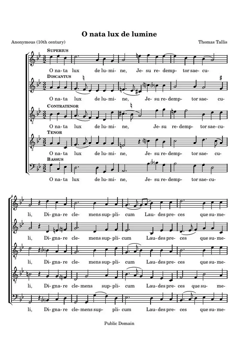 Первая страница нот «O nata lux de lumine — tallis»