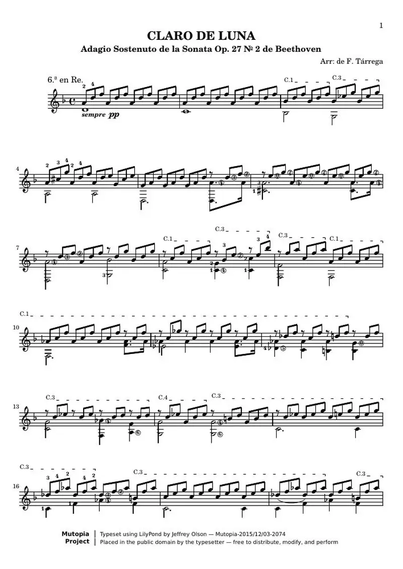 Первая страница нот «Claro de Luna (Beethoven's «Лунная» Соната)»