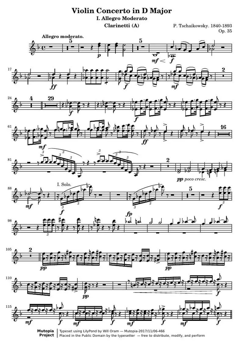 Первая страница нот «Violin Концерт D мажор (All three movements) (соч. 35) — clarinetti»