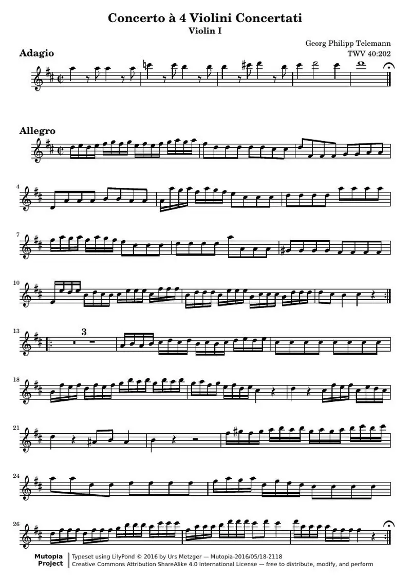 Первая страница нот «Концерт D major for four violins (TWV 40:202) — Концерт_a_4_D_Vl1»