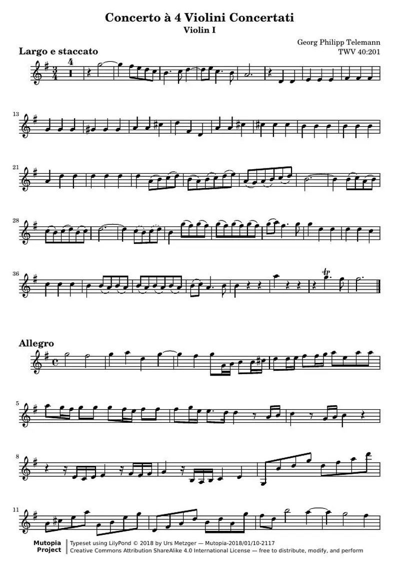 Первая страница нот «Концерт G major for four violins (TWV 40:201) — Концерт_a_4_G_Vl1»