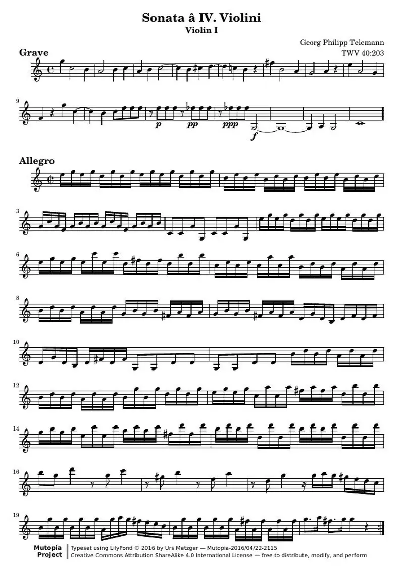 Первая страница нот «Соната C major for four violins (TWV 40:203) — Соната_a_IV_C_Vl1»