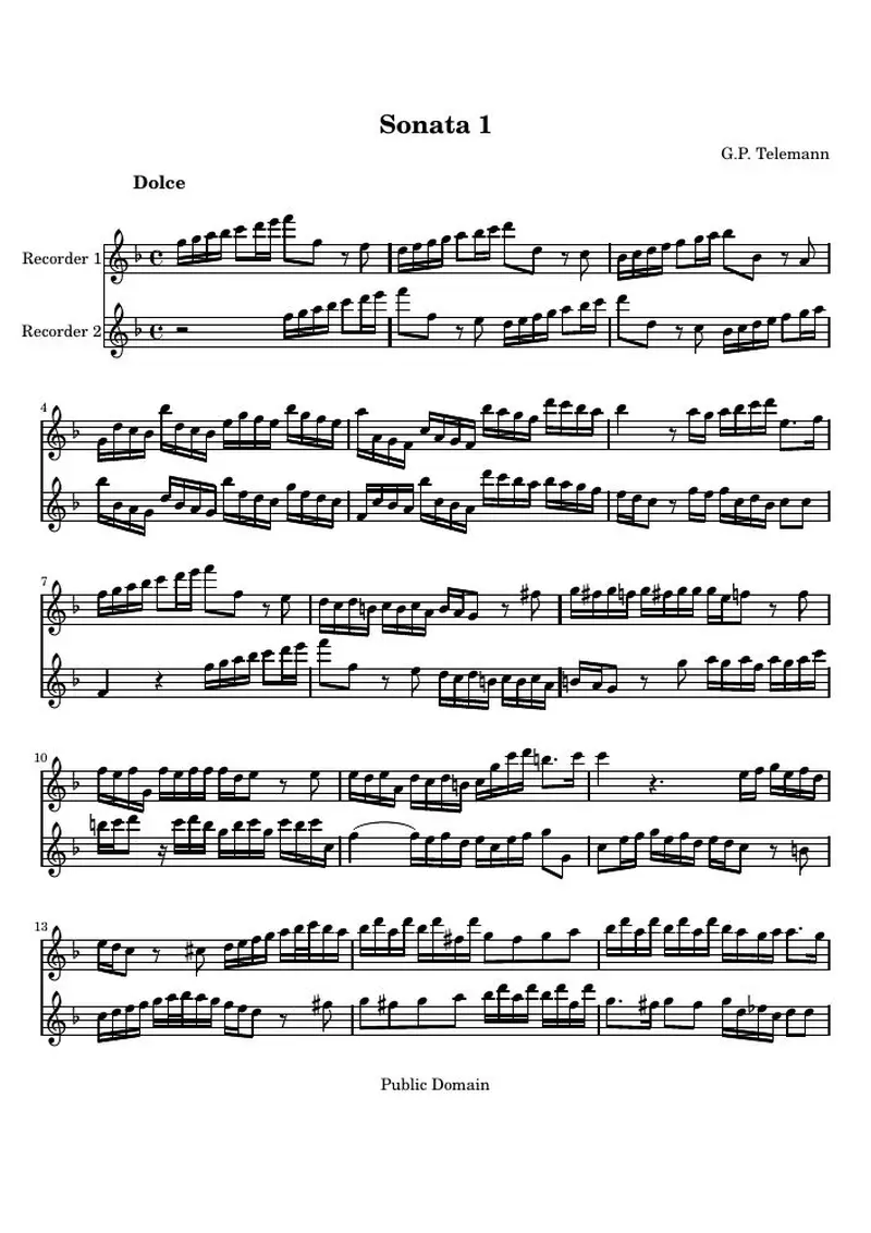 Первая страница нот «Сонатаs for two recorders»