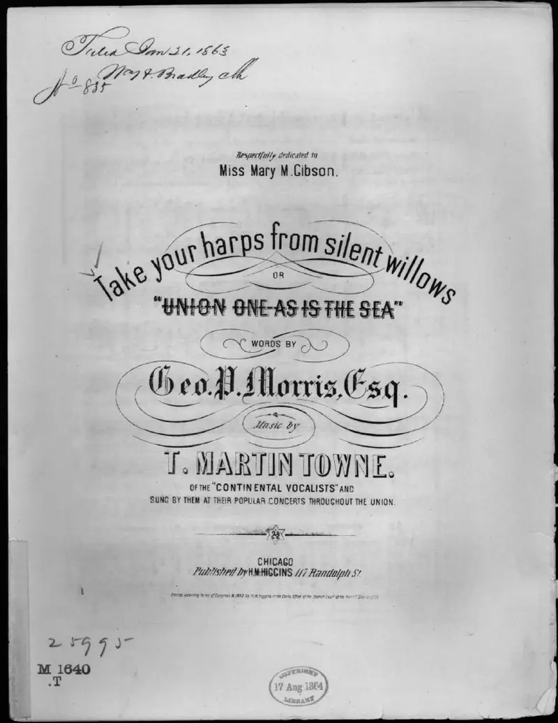 Первая страница нот «Take your harps from silent willows, or Union one - as is the sea»