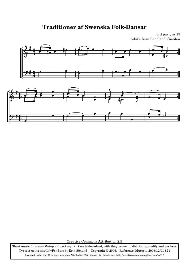 Первая страница нот «Traditioner af Swenska Folk-Dansar, 3rd part, nr 13»